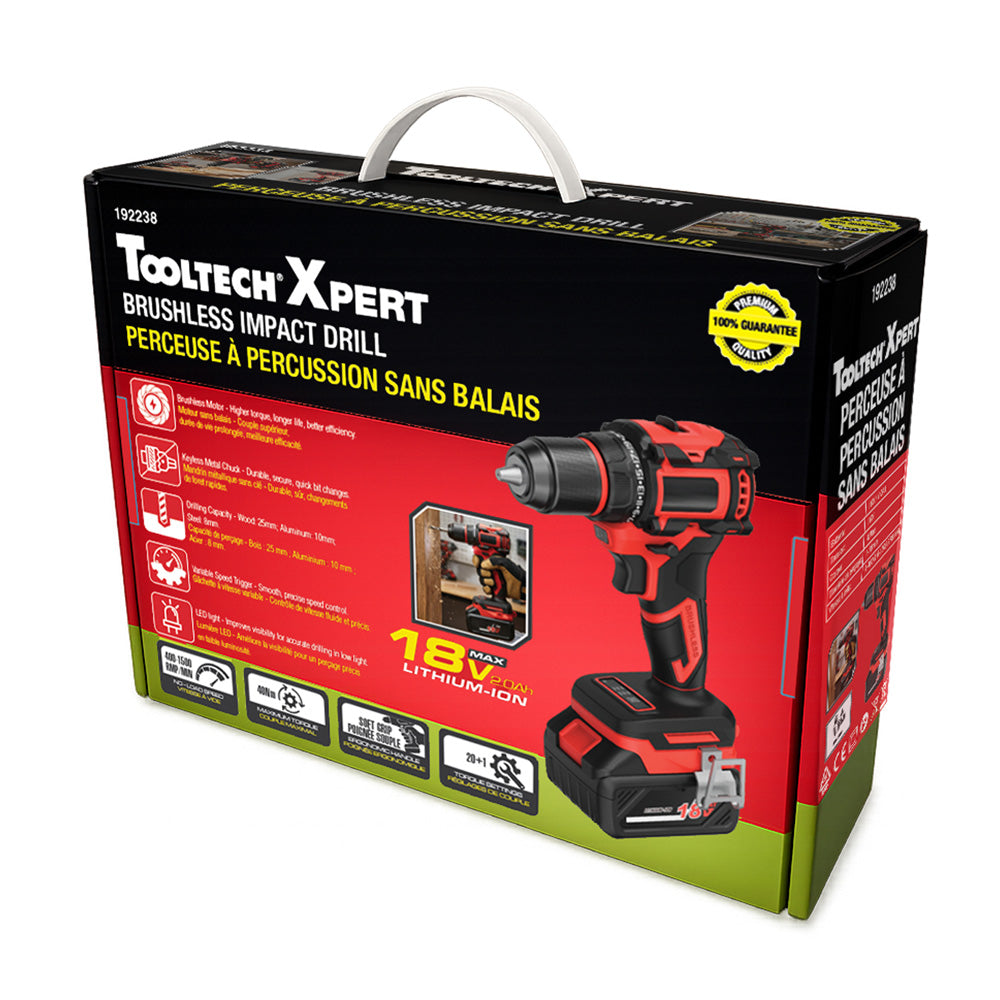 ToolTech Xpert 20V Cordless Brushless Drill w/ 10mm Keyless Metal Chuck